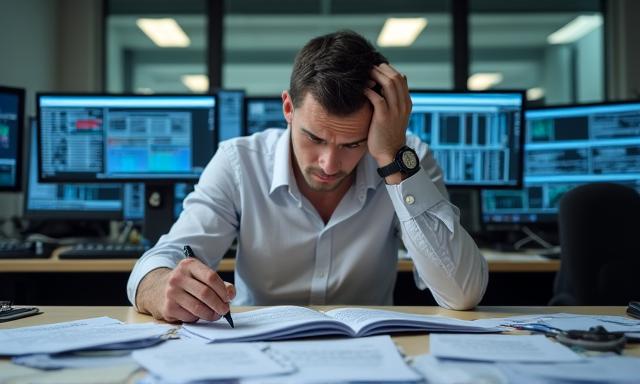 Stressed worker managing messy spreadsheets