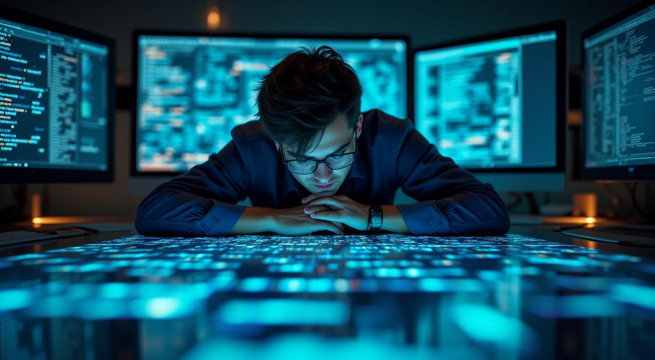 Stressed executive overwhelmed by rows of spreadsheet data