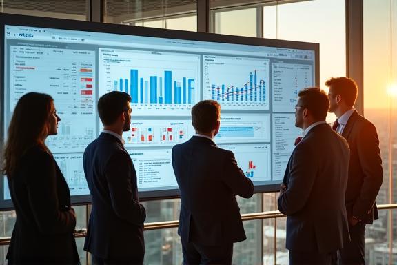 Analysts discussing automated reports in a modern London office