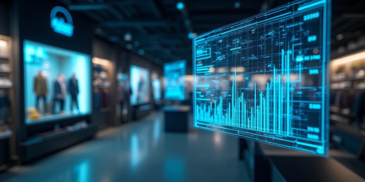 Modern retail environment with digital overlays showing data analytics